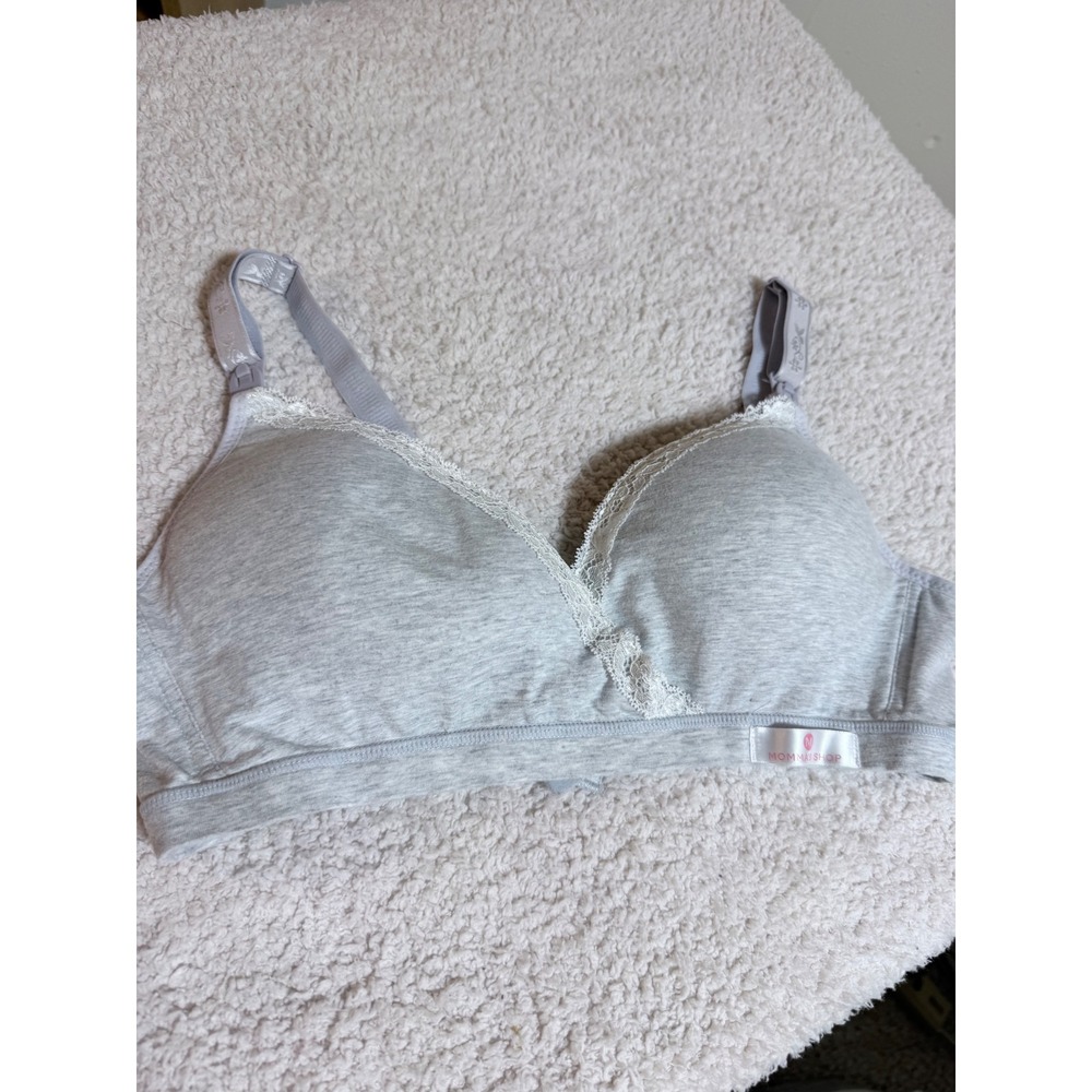 Momma's Shop Nursing Bra Women XXL Gray Cotton Lace Trim Maternity Comfort Chic